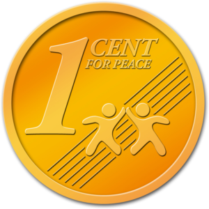 Goldene Münze mit der Aufschrift „1 Cent for Peace“ und zwei Kindern